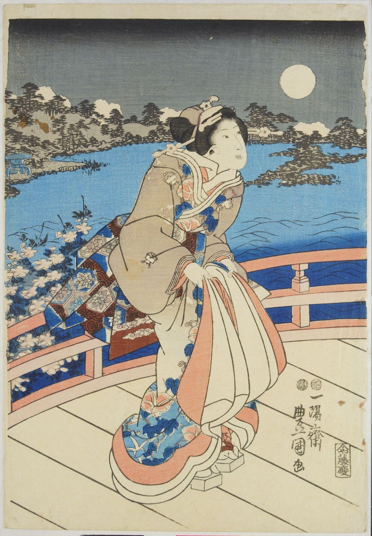 Japanese Woman on Moonlit Lake Terrace