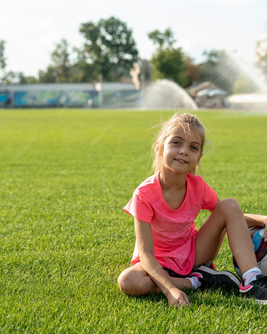 Girl With Soccer Ball On Green Grass