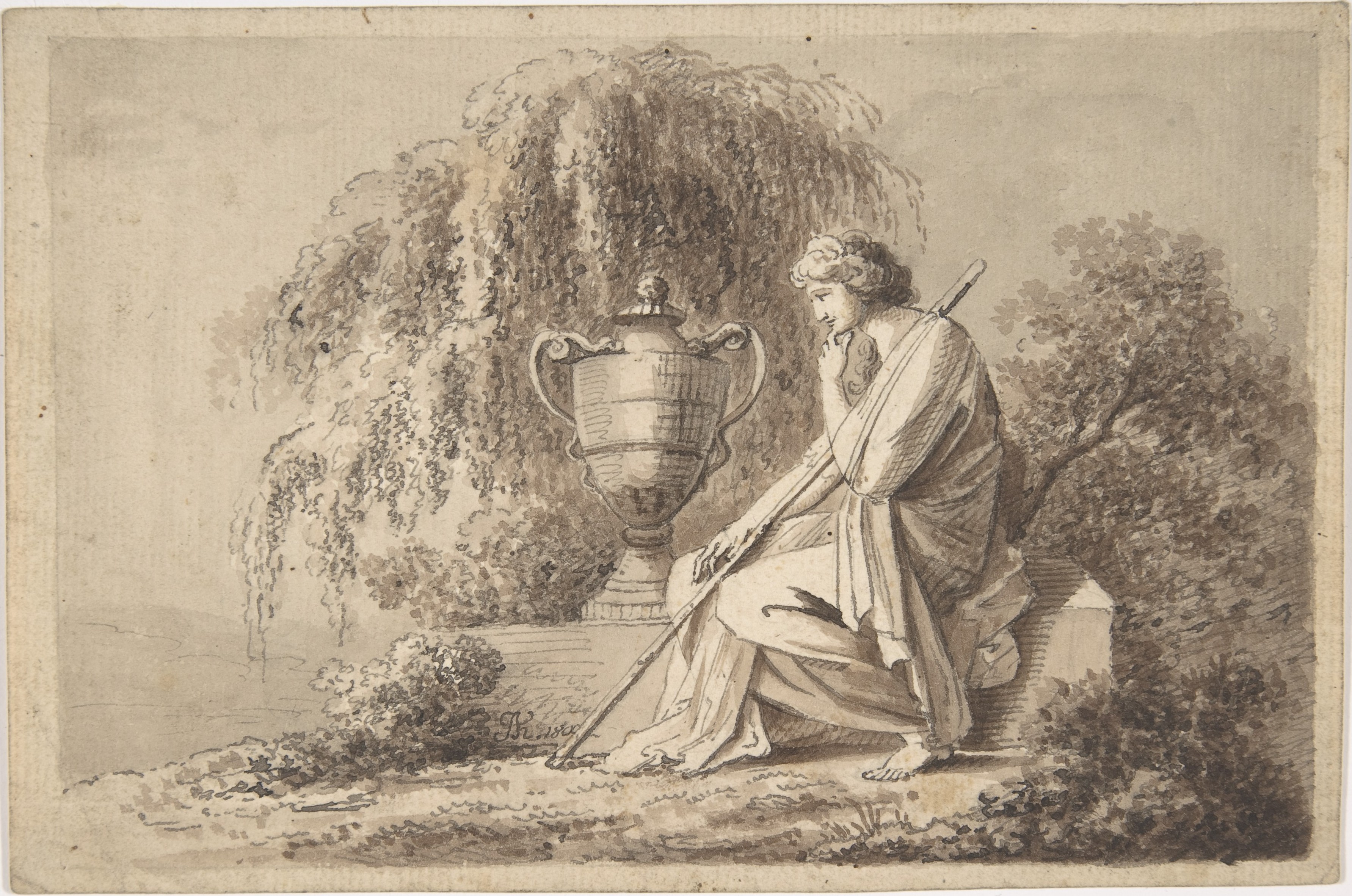 Pensive Seated Woman by Urn Drawing