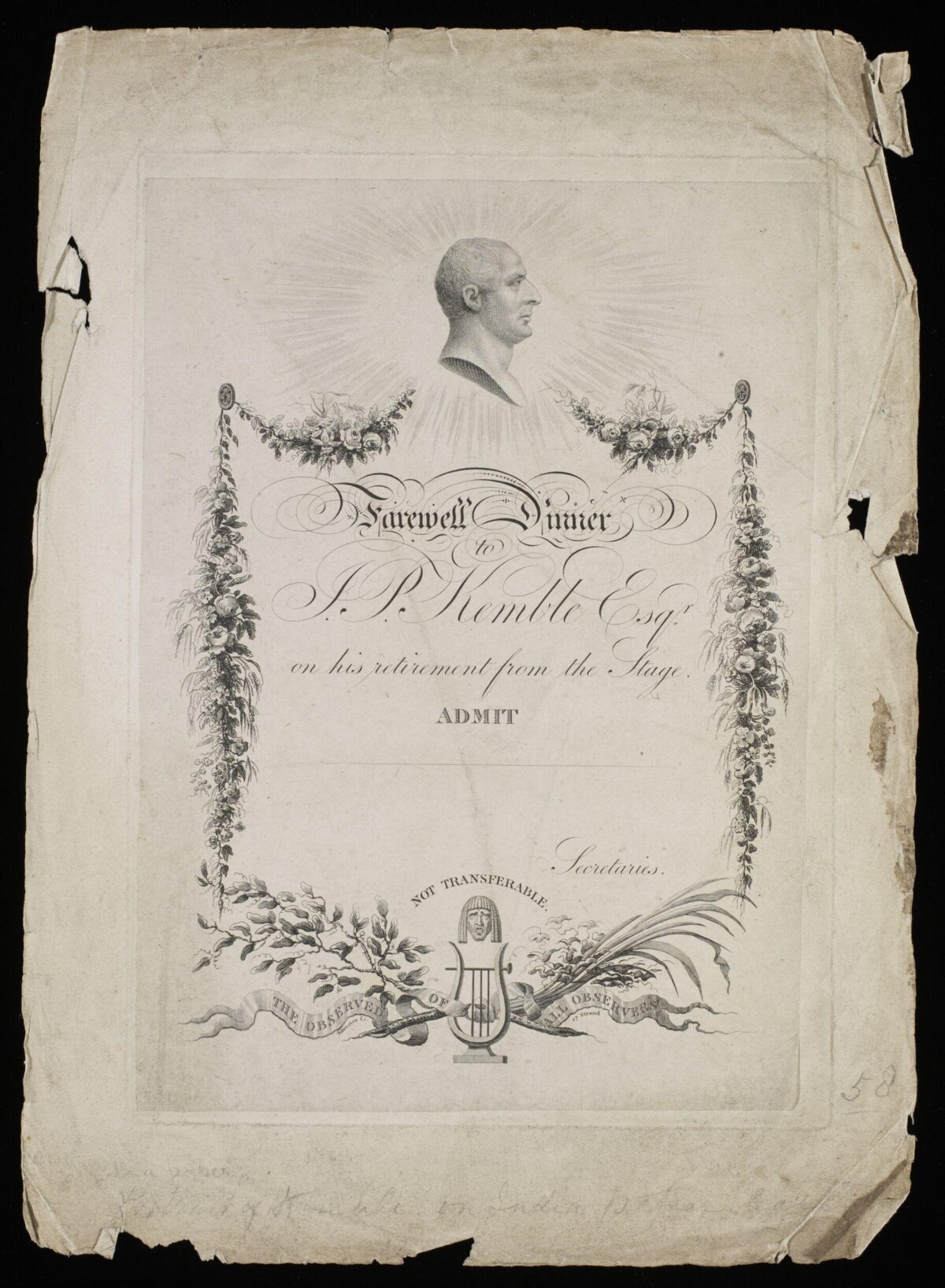 Farewell Dinner Ticket for J.P. Kemble