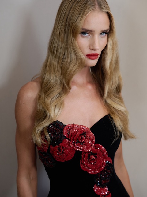 Blonde Model in Strapless Floral Gown