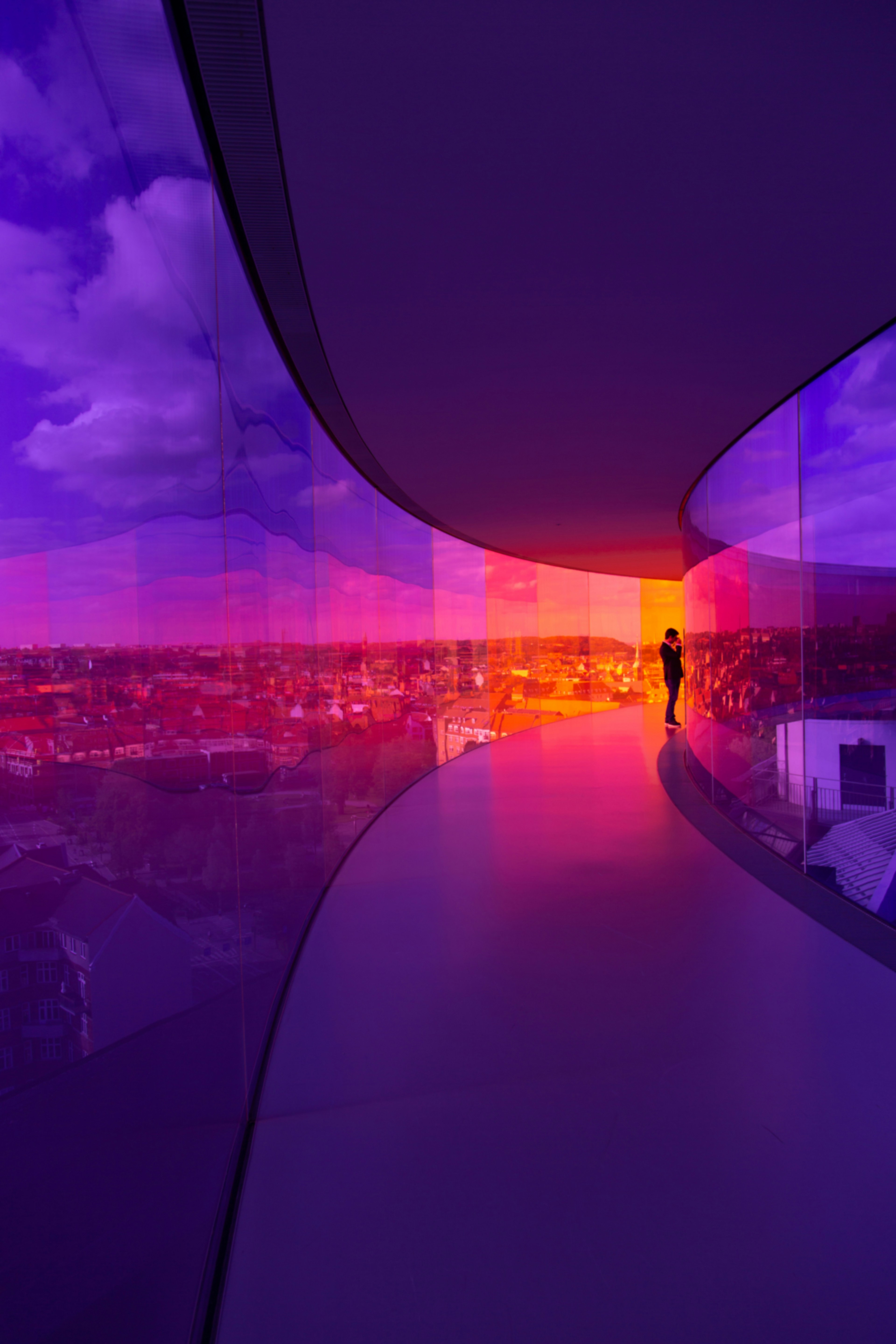 Curved Colored Glass Walkway City View