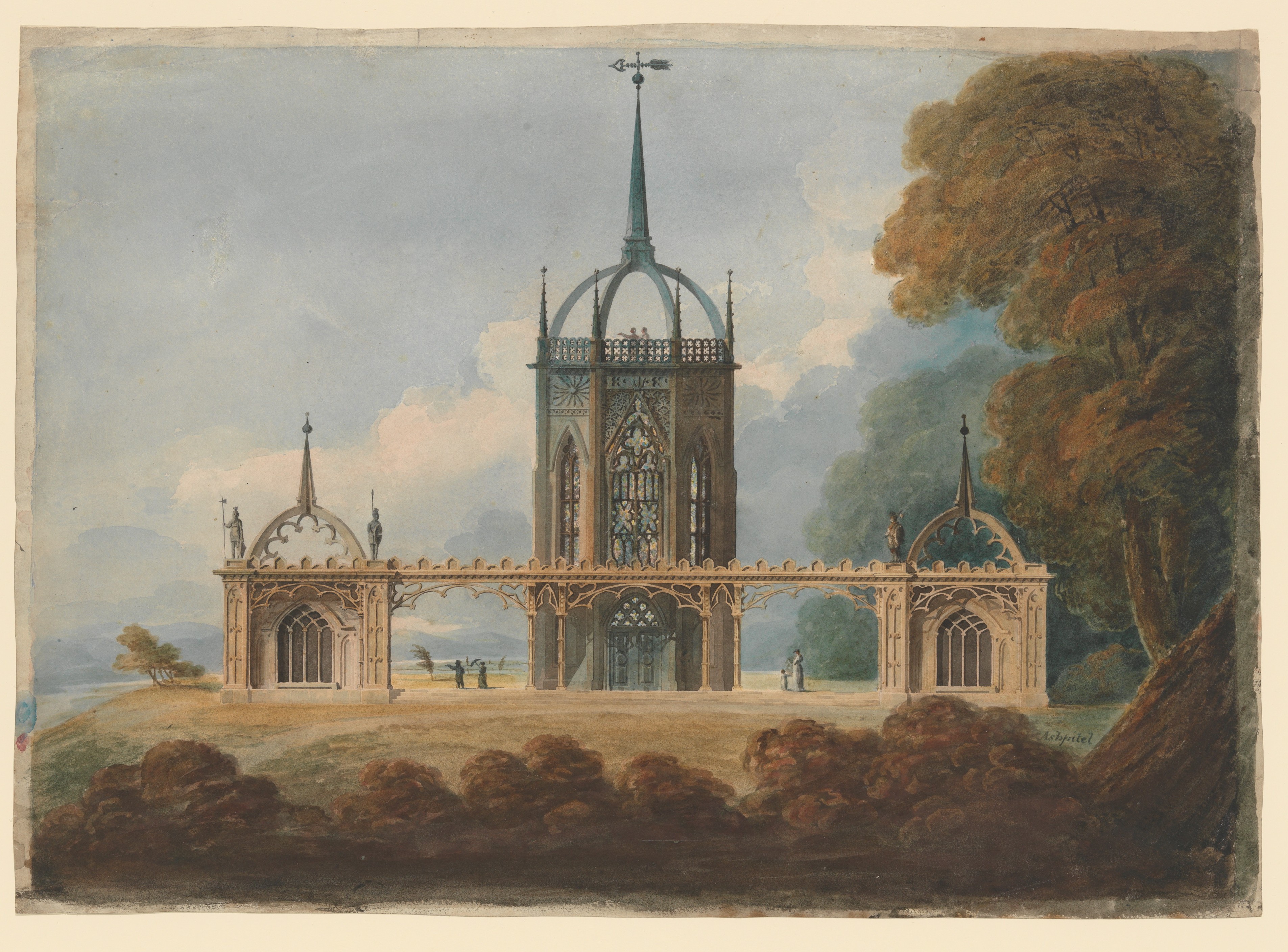 Gothic Style Pavilion Watercolor Painting