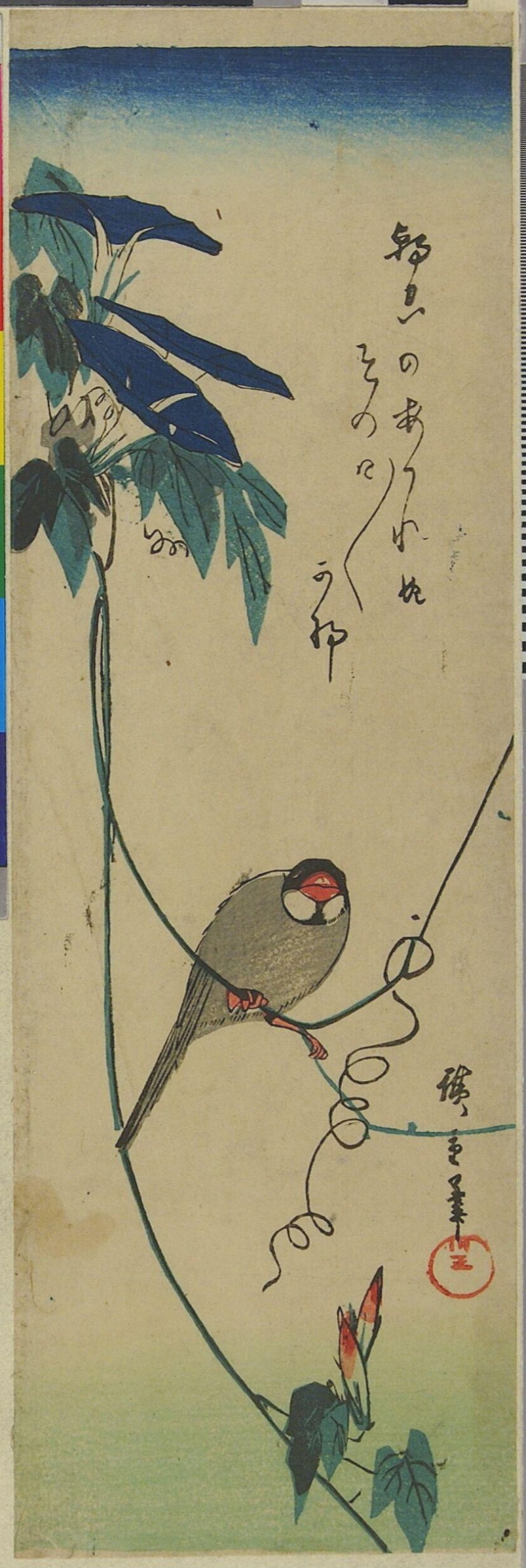 Japanese Print: Bird Perched on Morning Glory