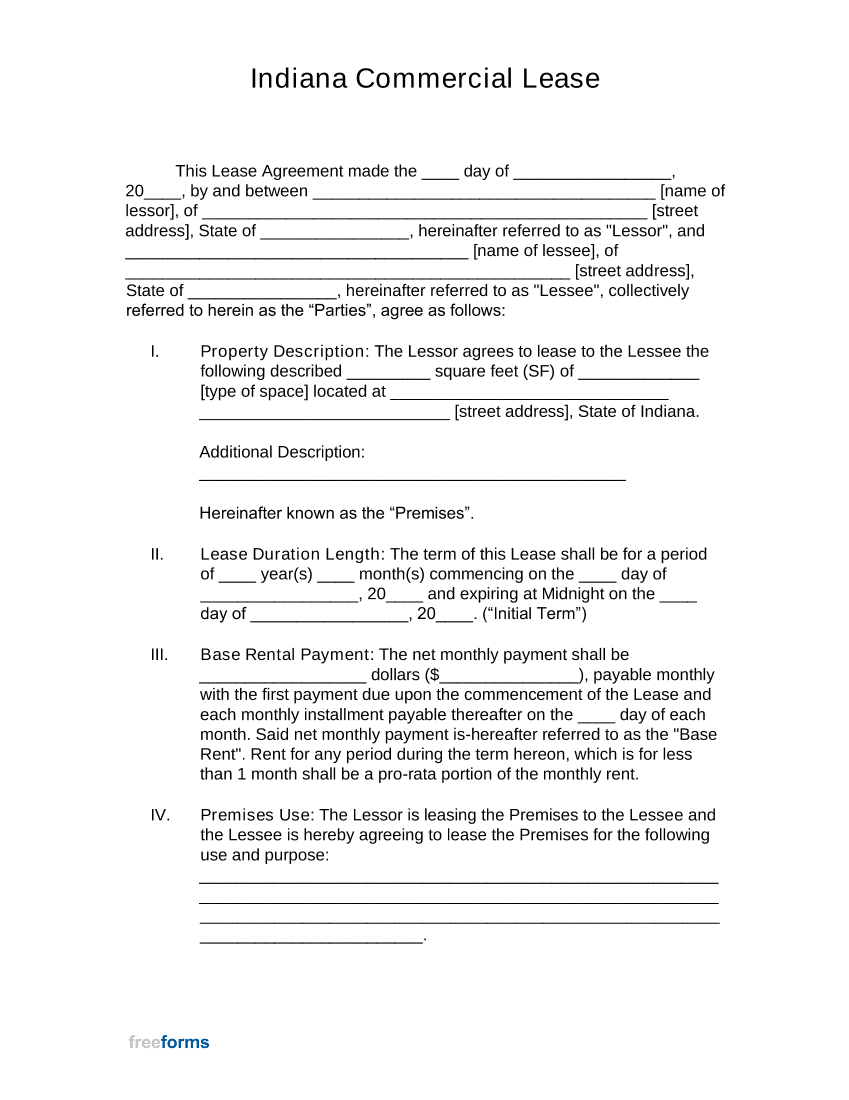 Indiana Commercial Lease Agreement Template