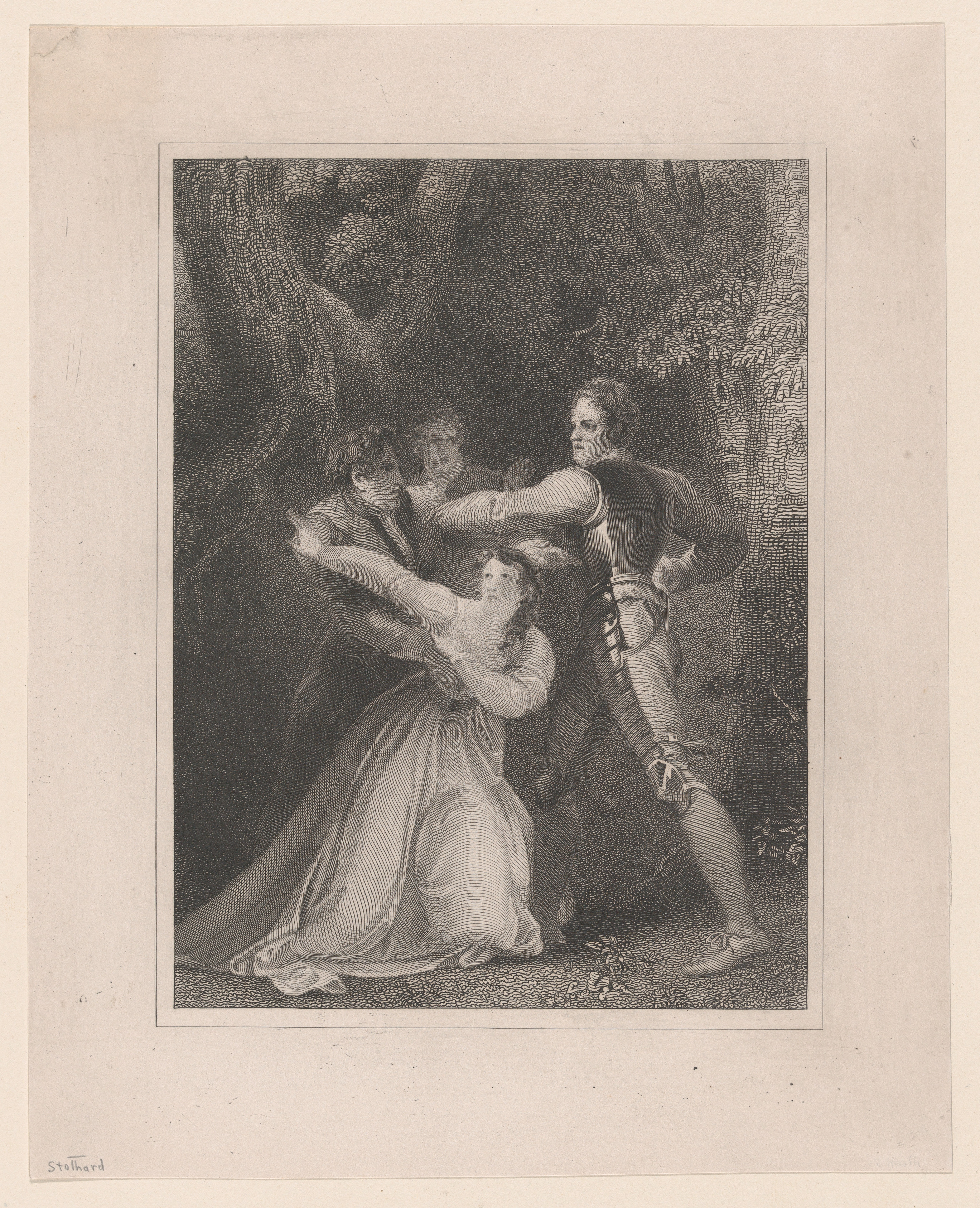 Engraved Forest Confrontation Scene