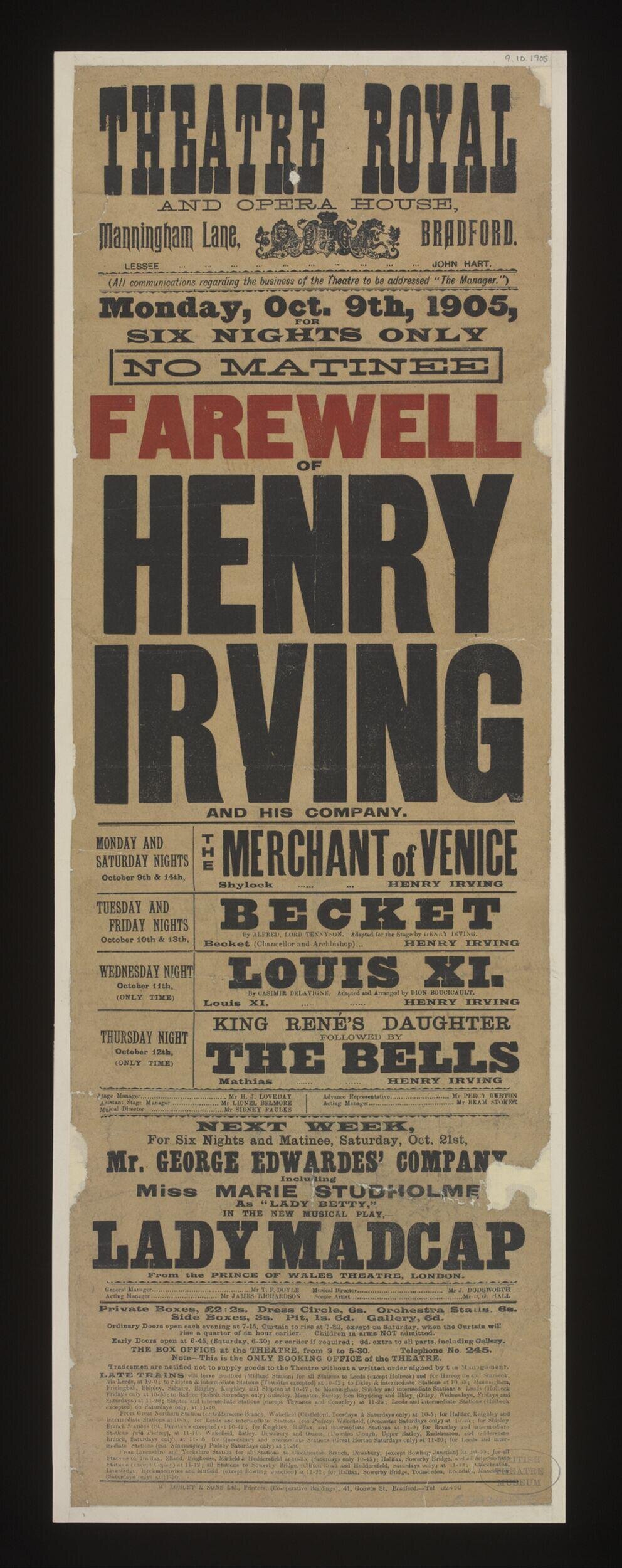 1905 Theatre Royal Henry Irving Farewell Poster