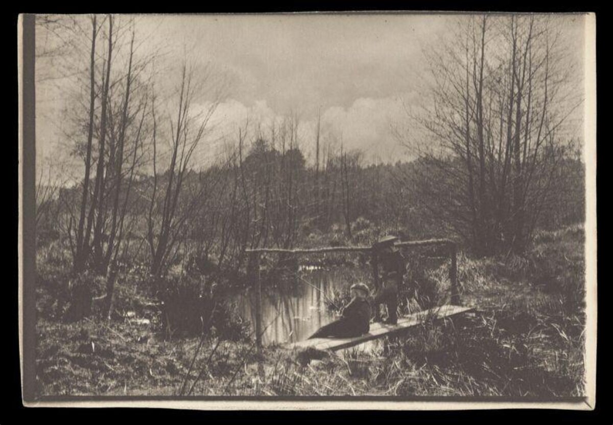 Two Men Fishing by Woodland Stream