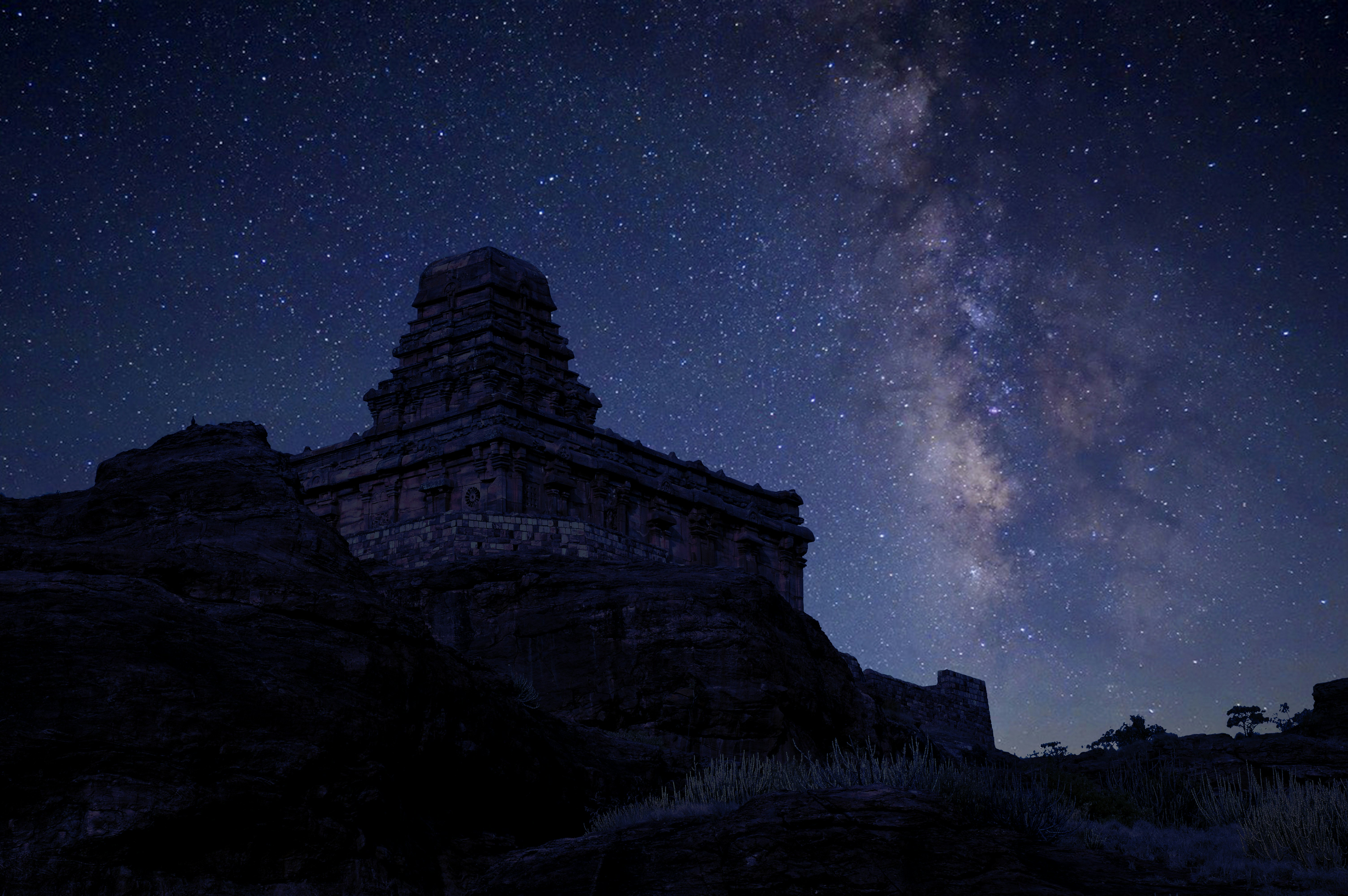 Ancient Temple Under Starry Night Sky