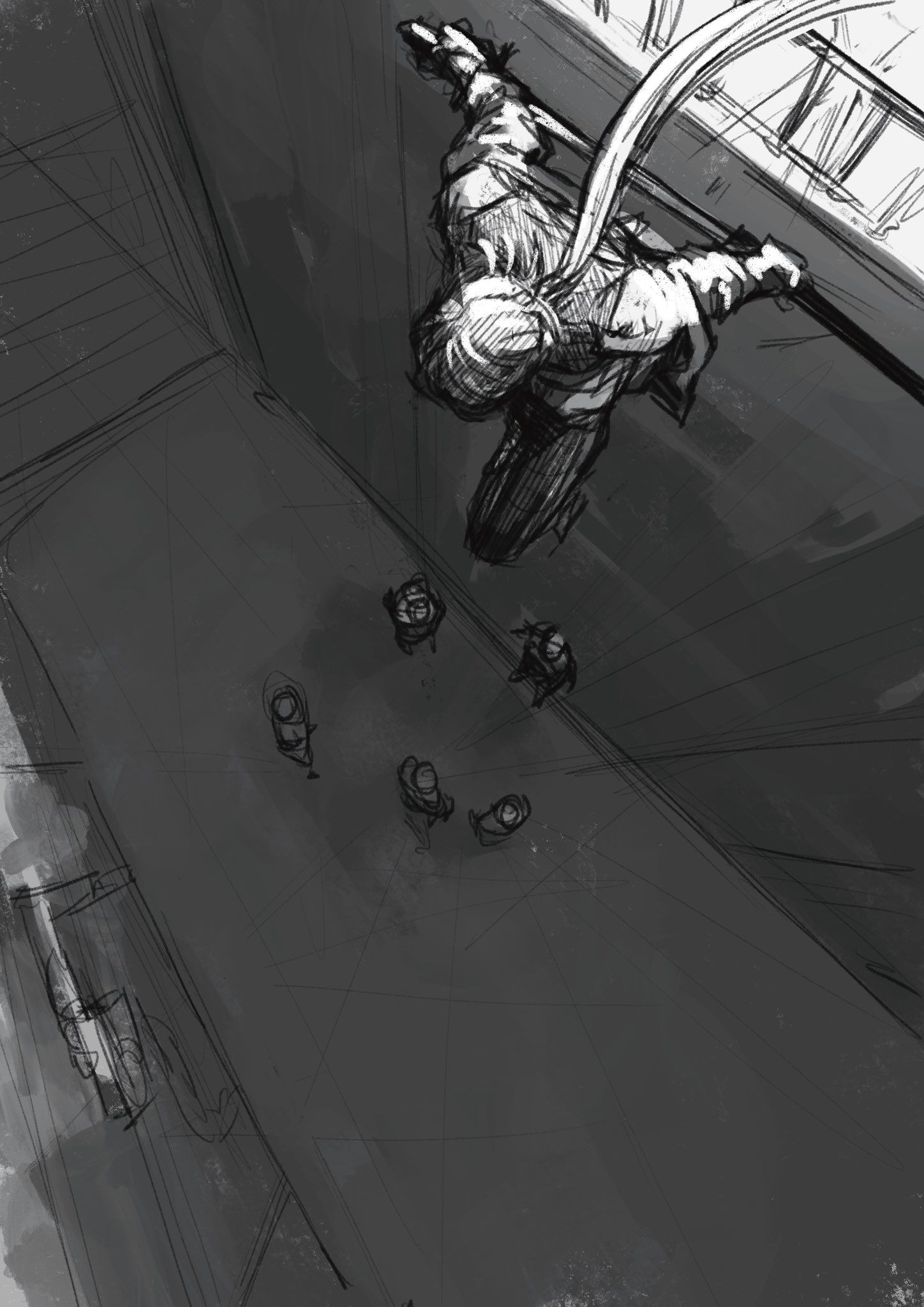 Armed Figure Overlooks Group from Above