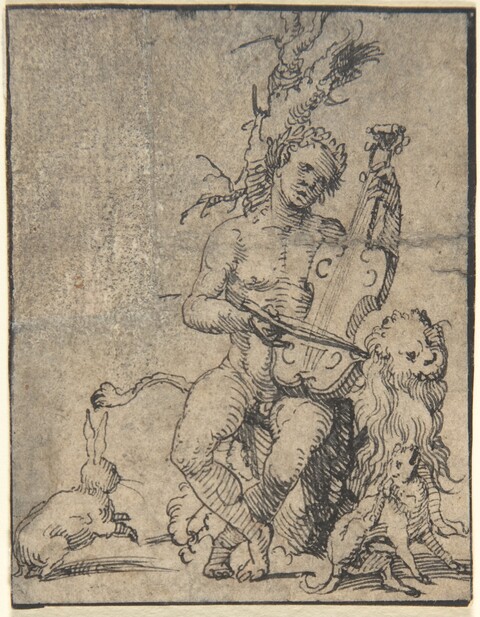 Ink Sketch of Satyr Playing Viol with Animals