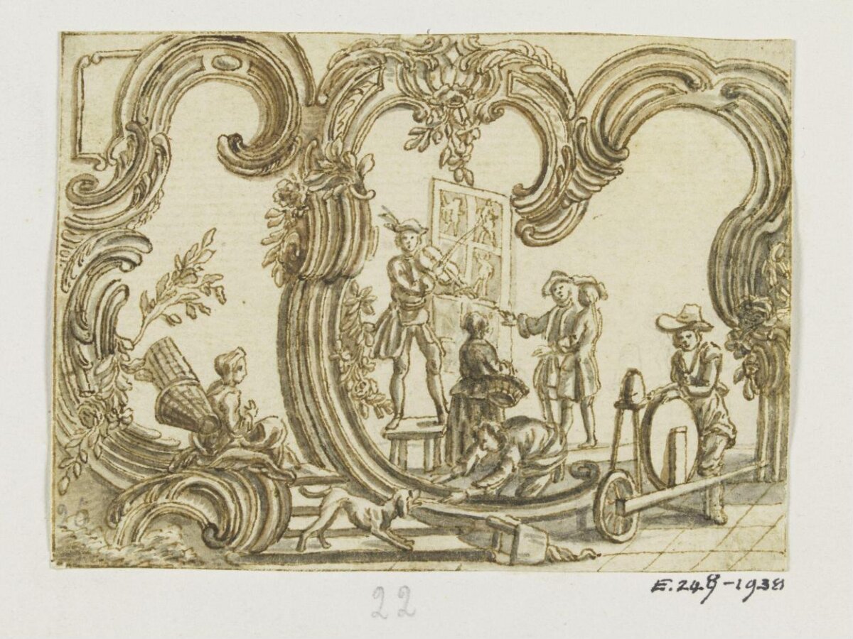 Drawing of Street Performers in Ornate Frame