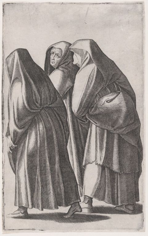 Three Hooded Women Walking