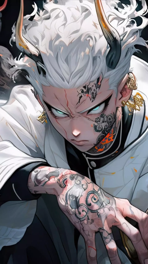 Anime Oni Character with Tattoos and Horns