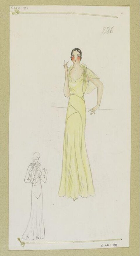 Vintage Yellow Evening Gown Fashion Sketch