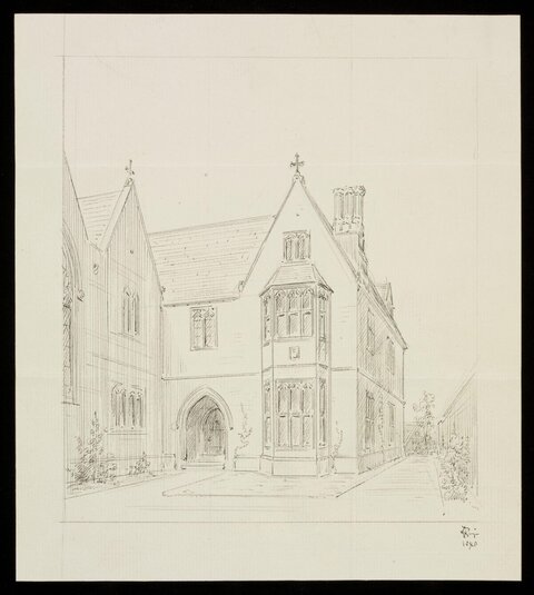 Pencil Sketch of Gothic Building Courtyard