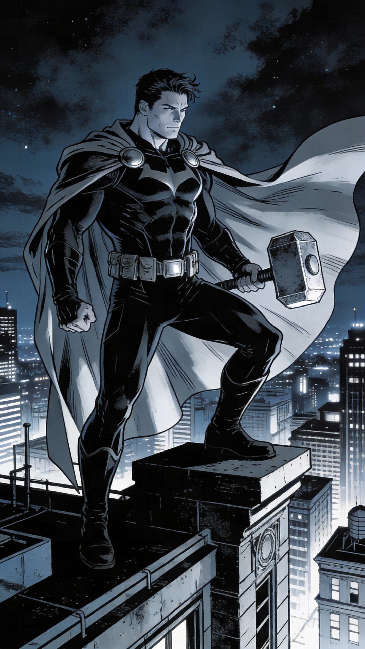 Batman Thor Mashup on Night Rooftop