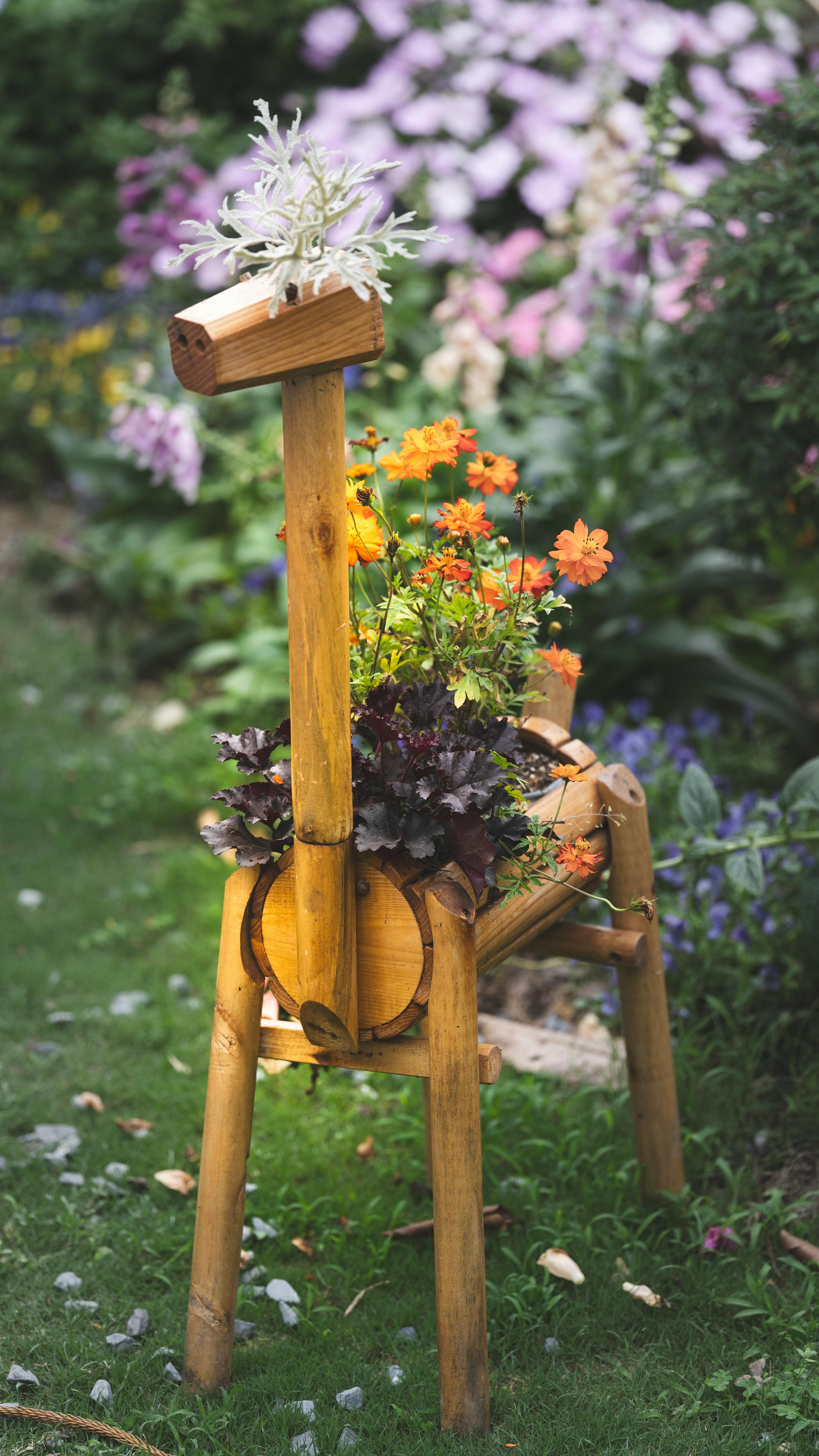 Wooden Giraffe Planter in Garden