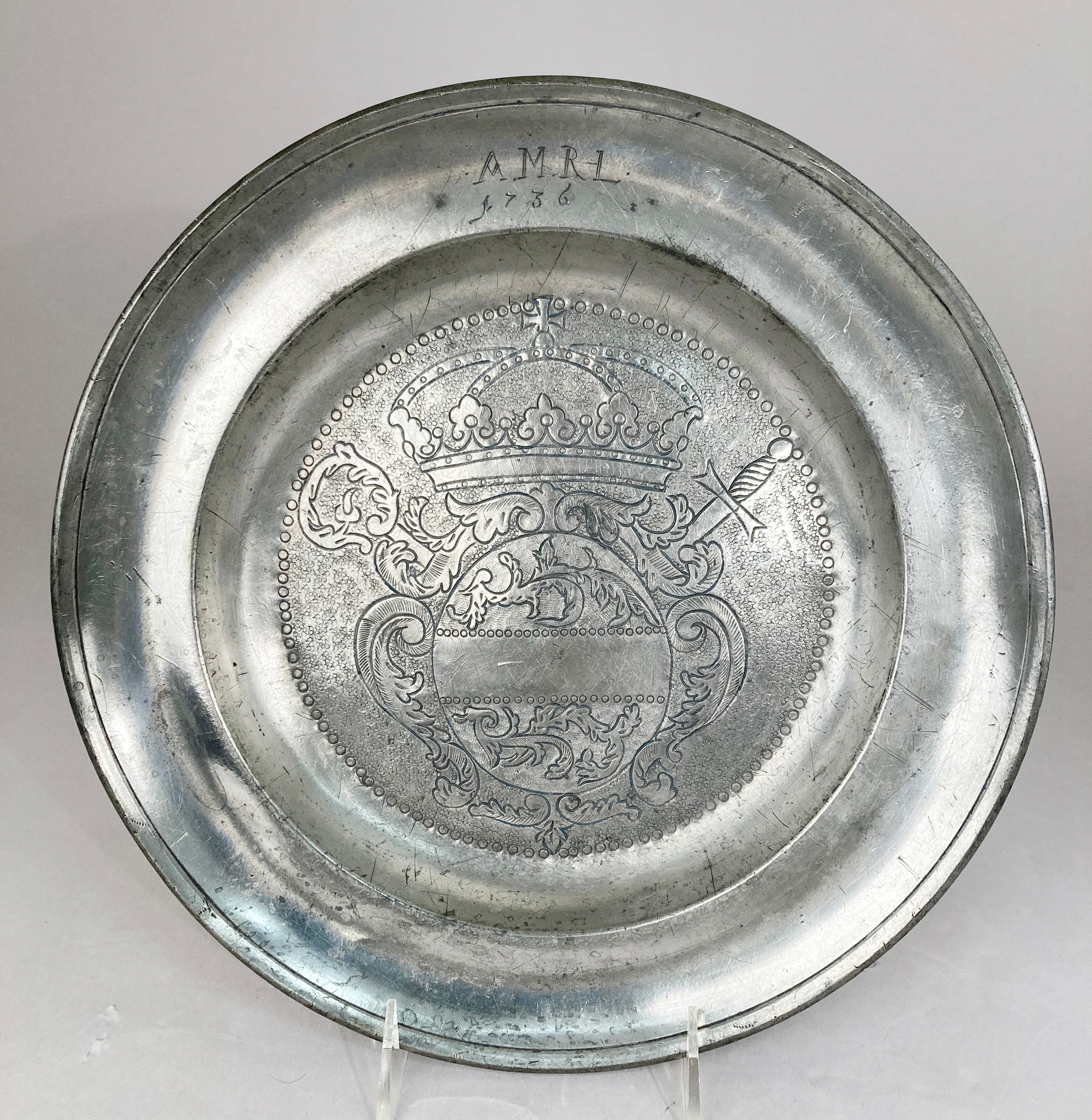 1736 Engraved Antique Pewter Plate