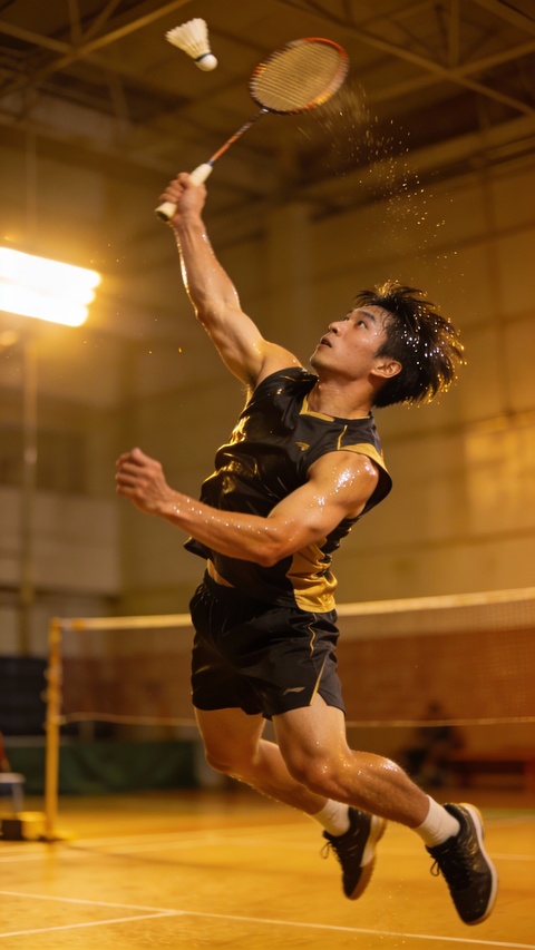 Male Badminton Player Jumping Smash