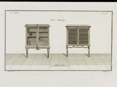 Antique Small Bookcase Design Engraving