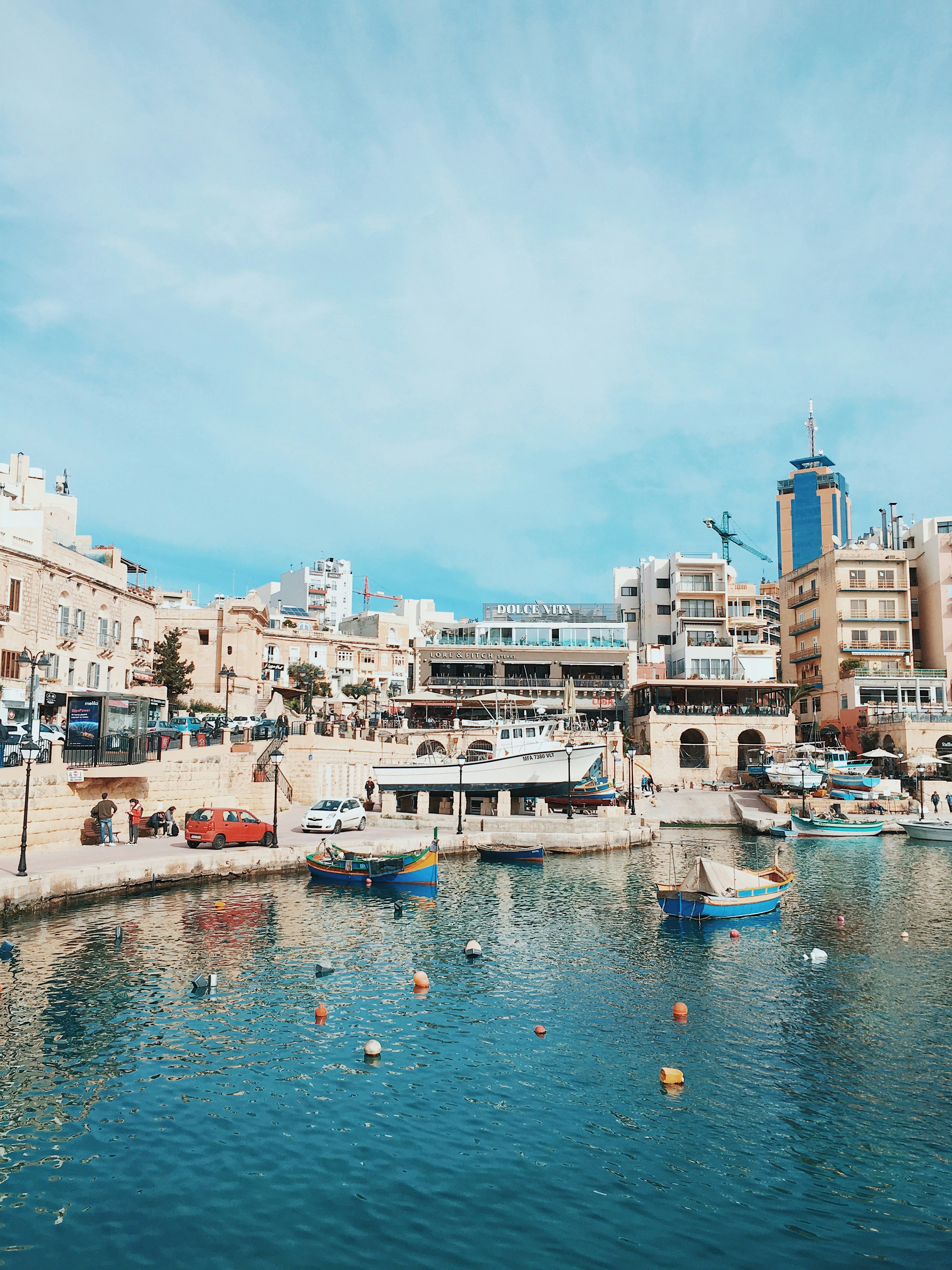 Sunny Coastal Harbor Town View