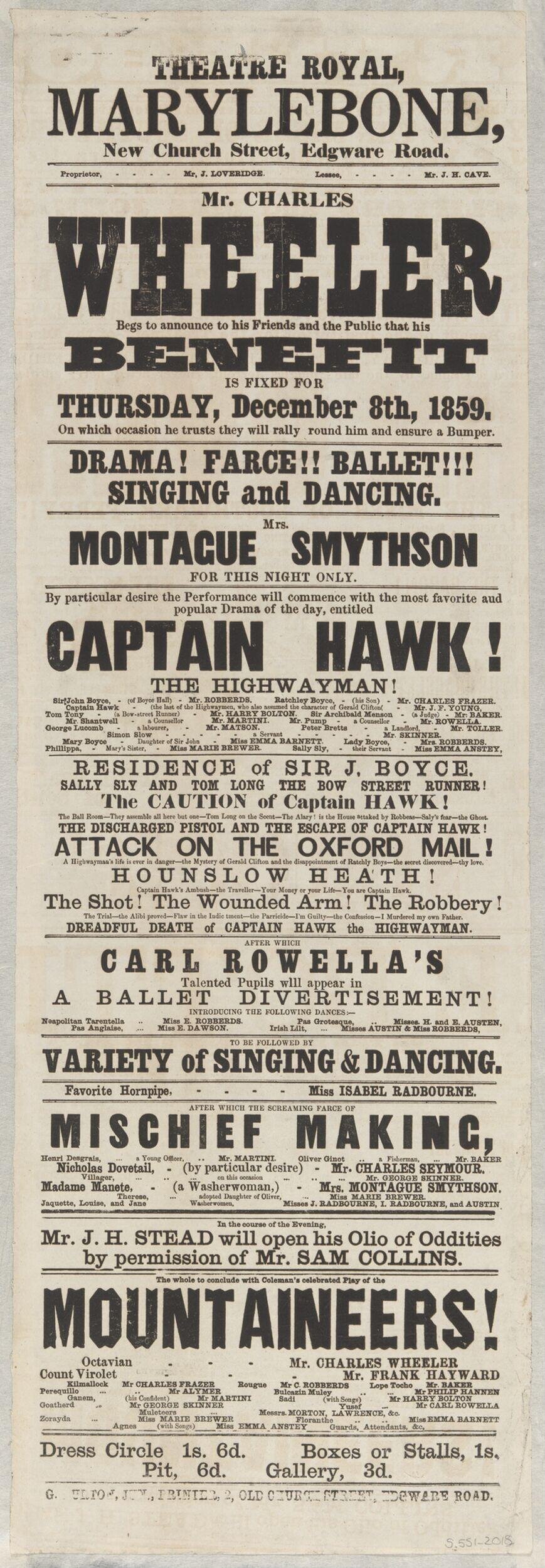 1859 Theatre Royal Benefit Playbill