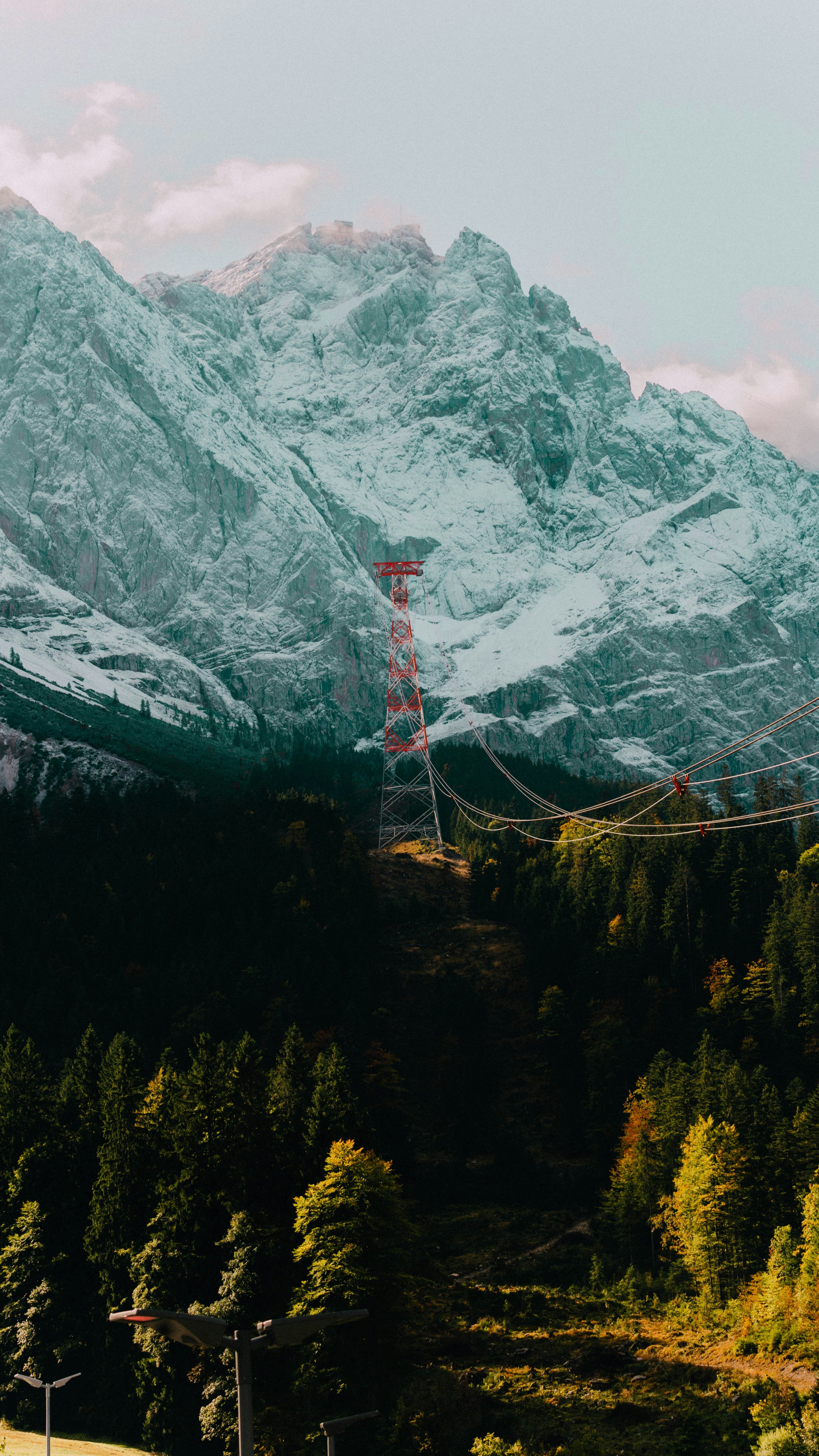 Snow Covered Mountain Cable Car Tower