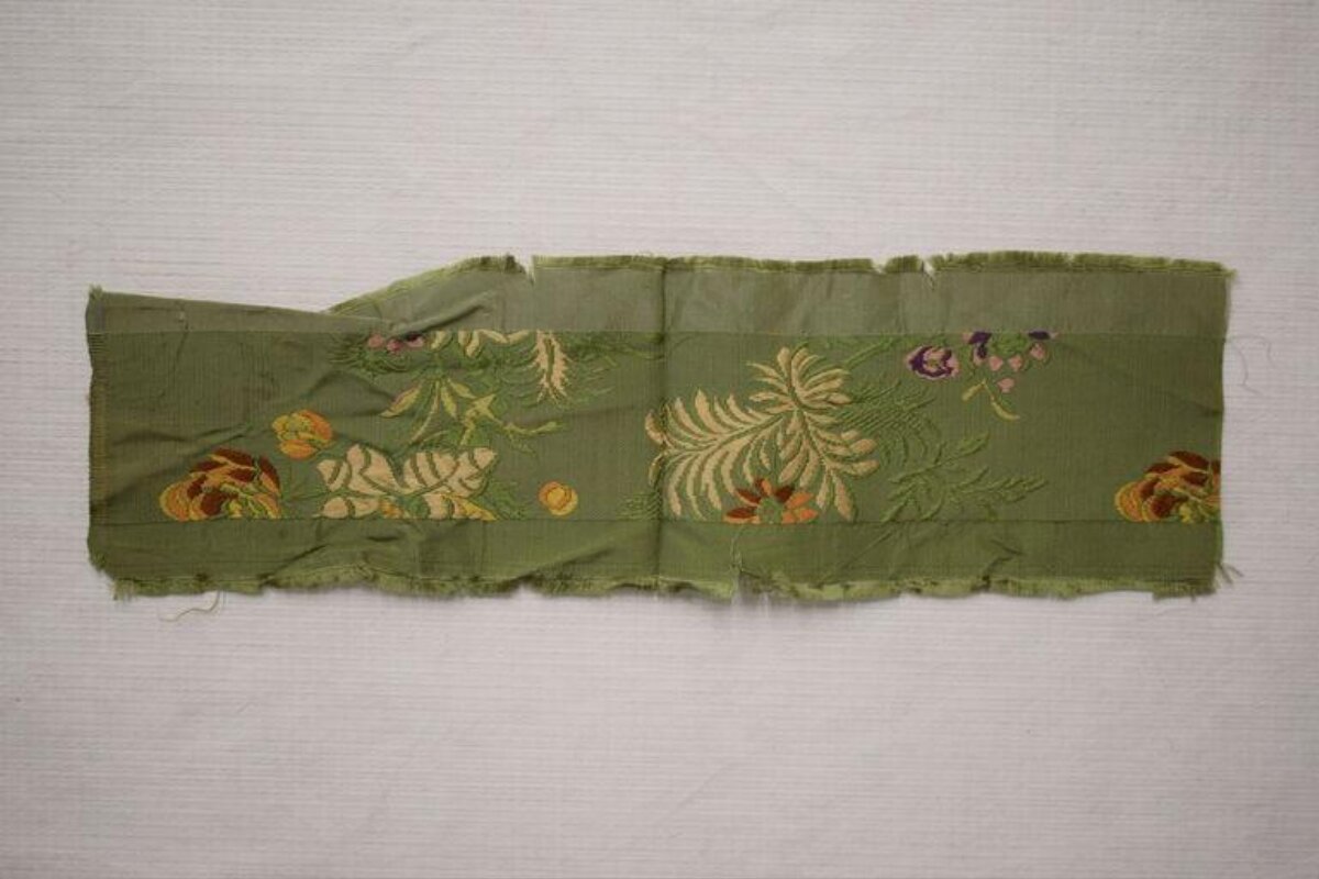 Antique Green Floral Embroidered Fabric Fragment