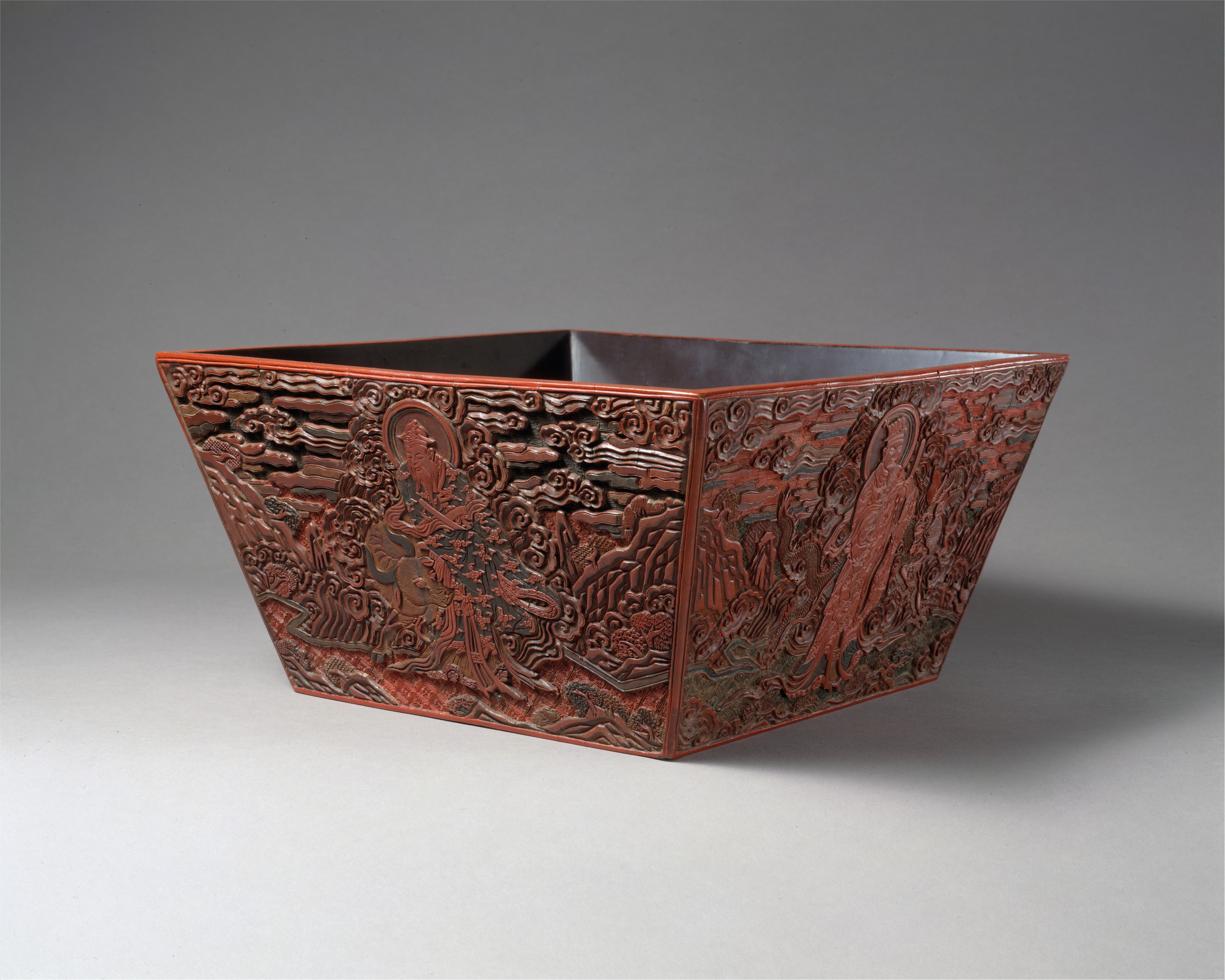 Carved Red Lacquer Figure Square Vessel