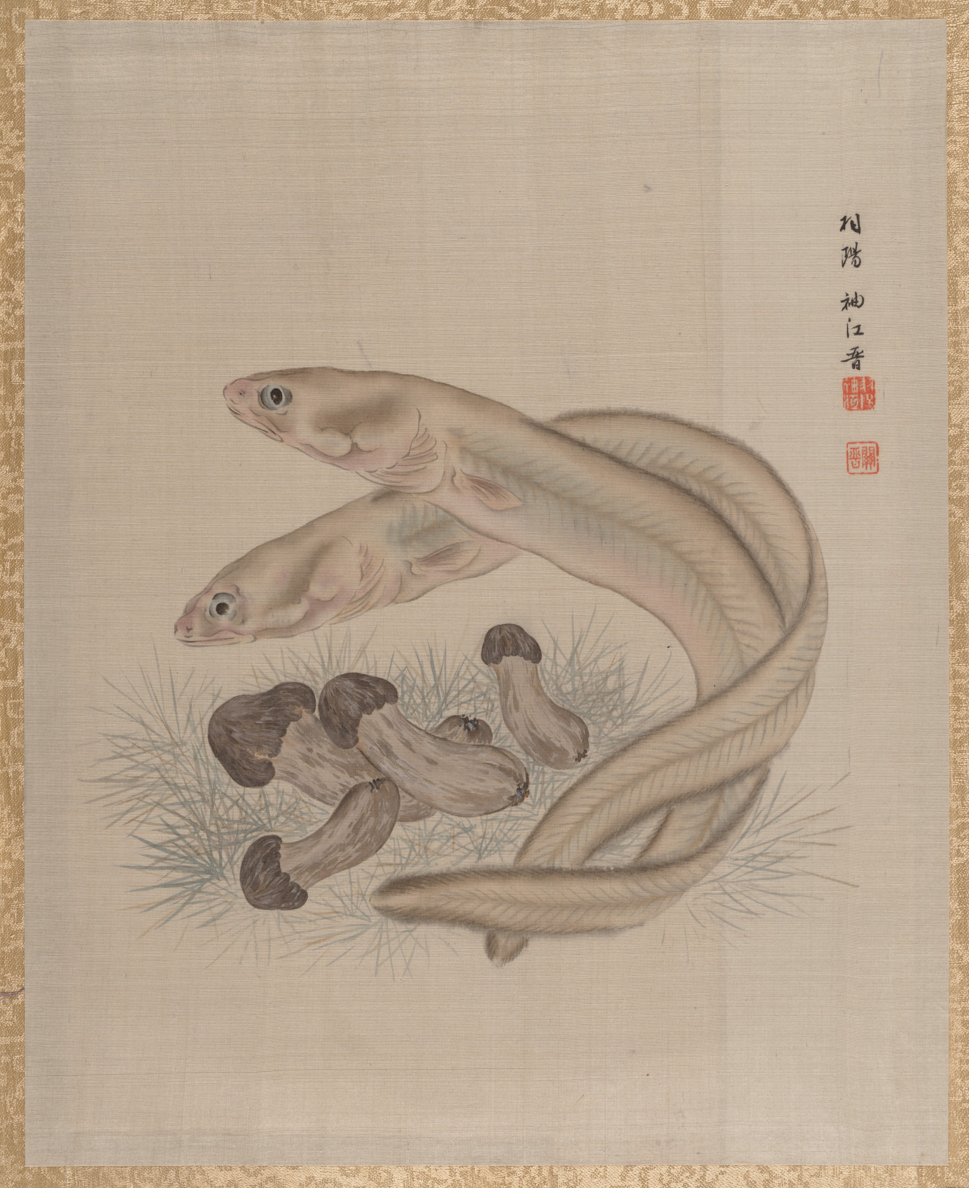 Traditional Painting of Eels and Mushrooms