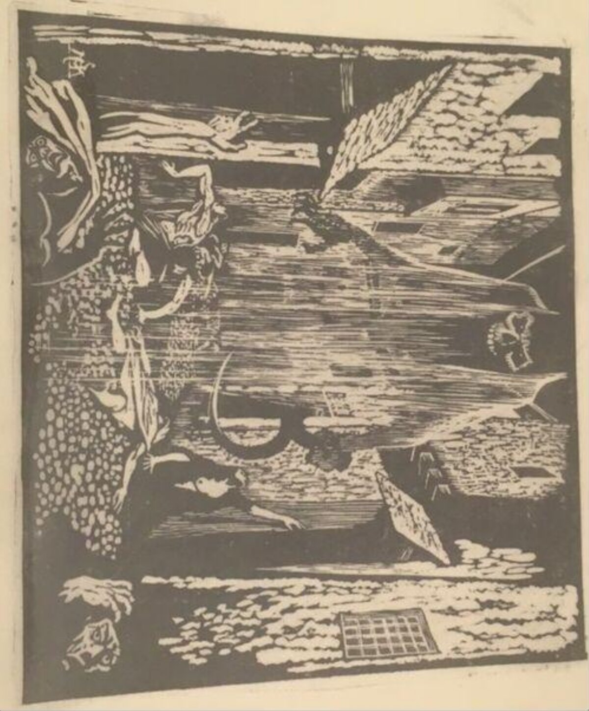 Woodcut Print of Falling Figures