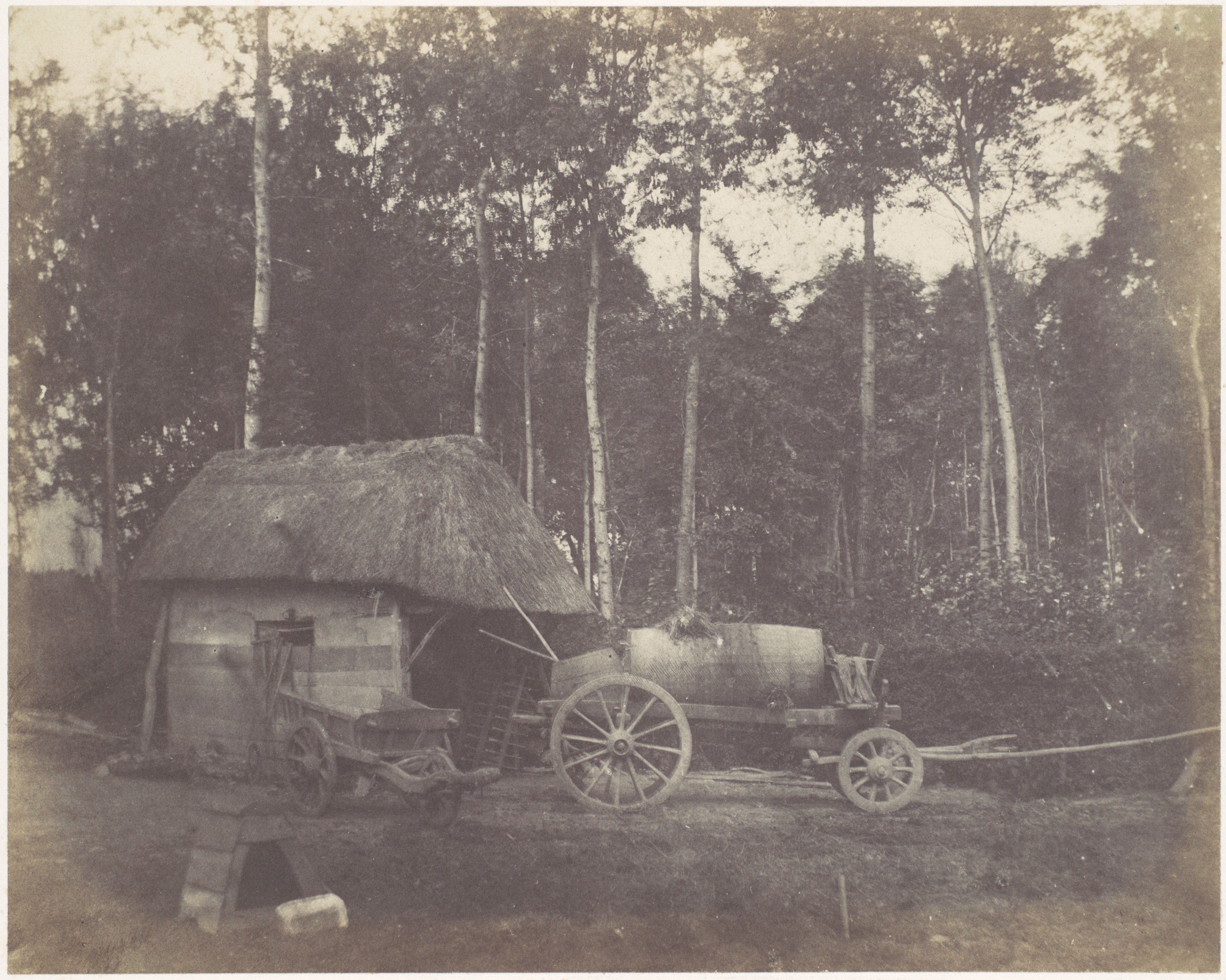 Thatched Hut and Carts by Forest