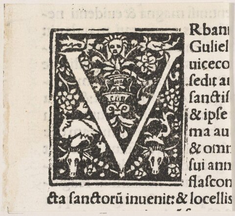 Woodcut Decorated Initial V on Antique Print