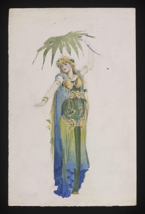 Costume Sketch of Woman Holding Palm Leaf