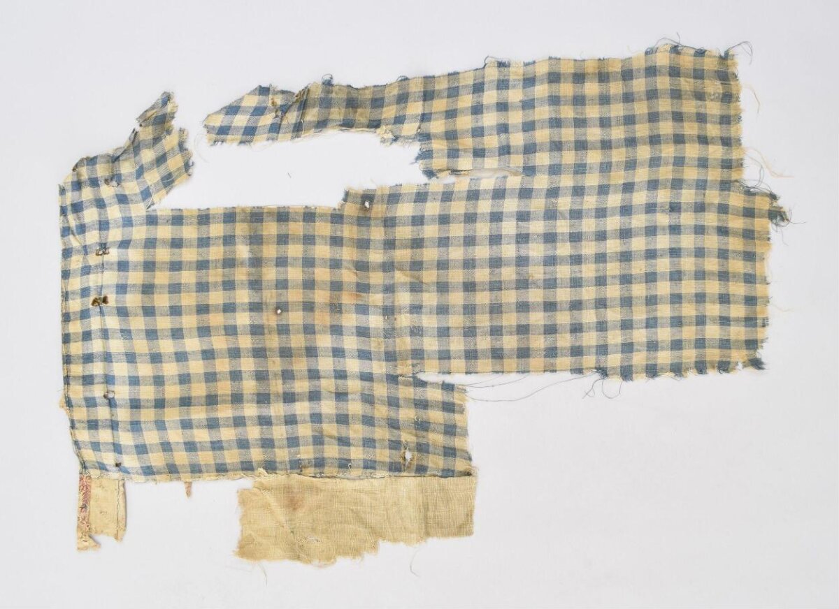 Old Blue Yellow Checkered Textile Fragment