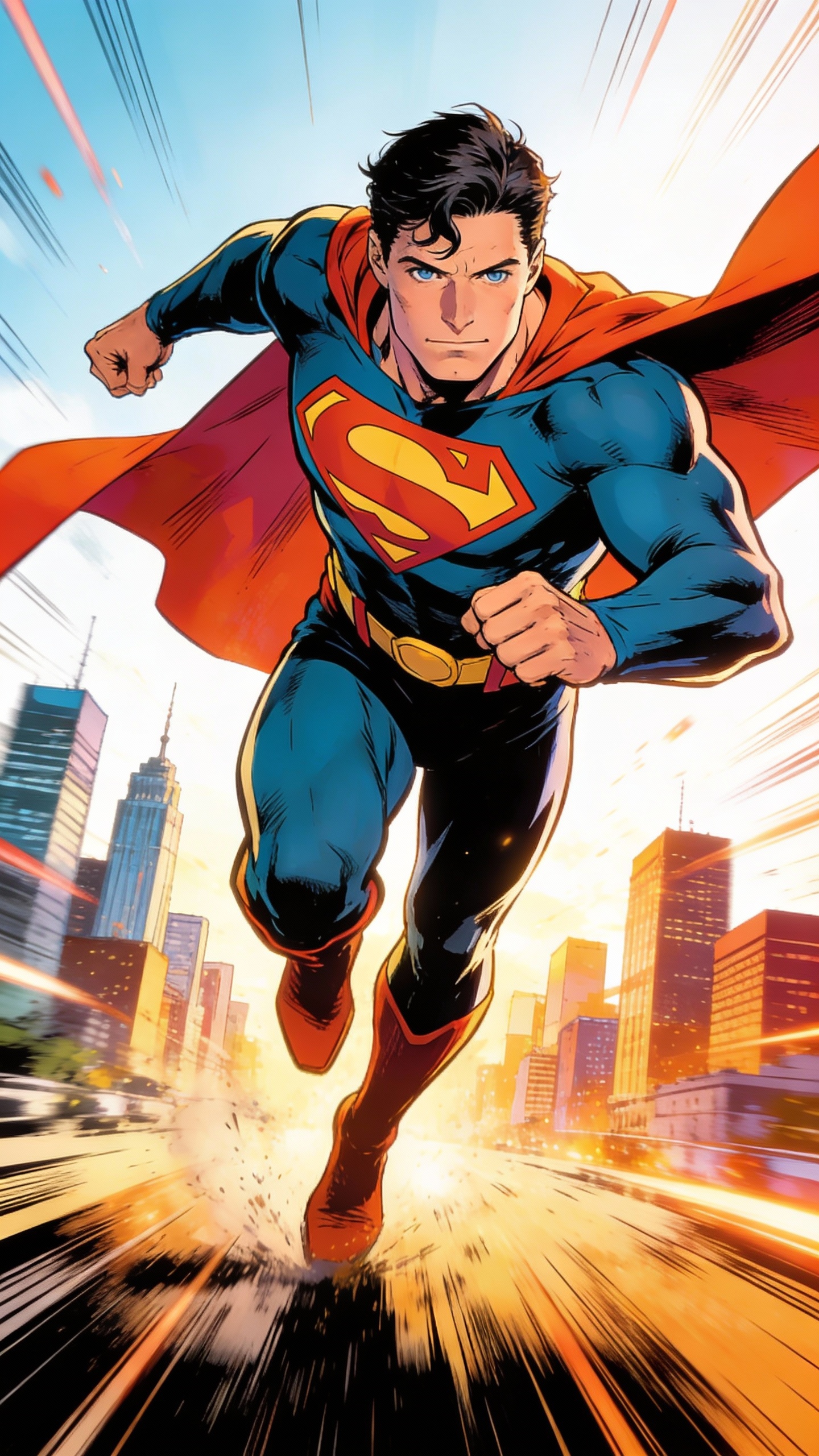 Superman Rushing Through City