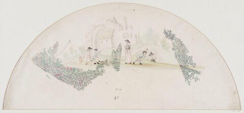 Fan-shaped Landscape Watercolor with Figures