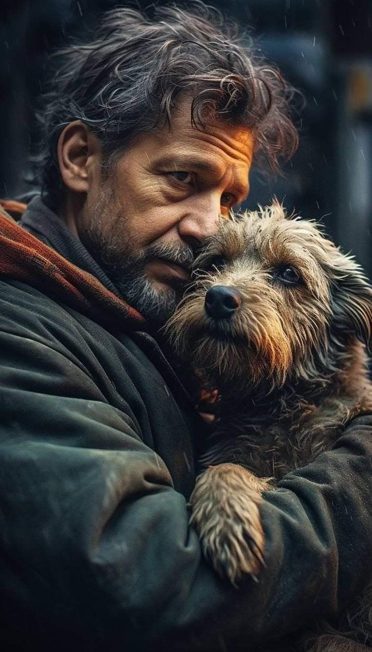 Middle-aged Man Hugging His Scruffy Dog