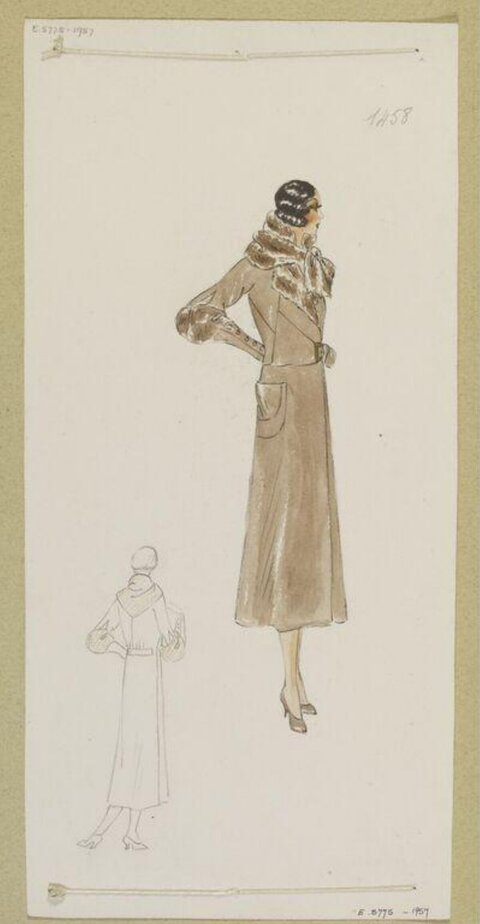 Vintage Fur Trimmed Coat Fashion Sketch