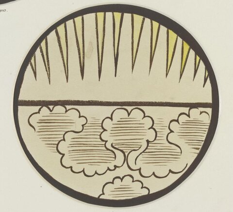 Circular Emblem with Sun Rays and Clouds