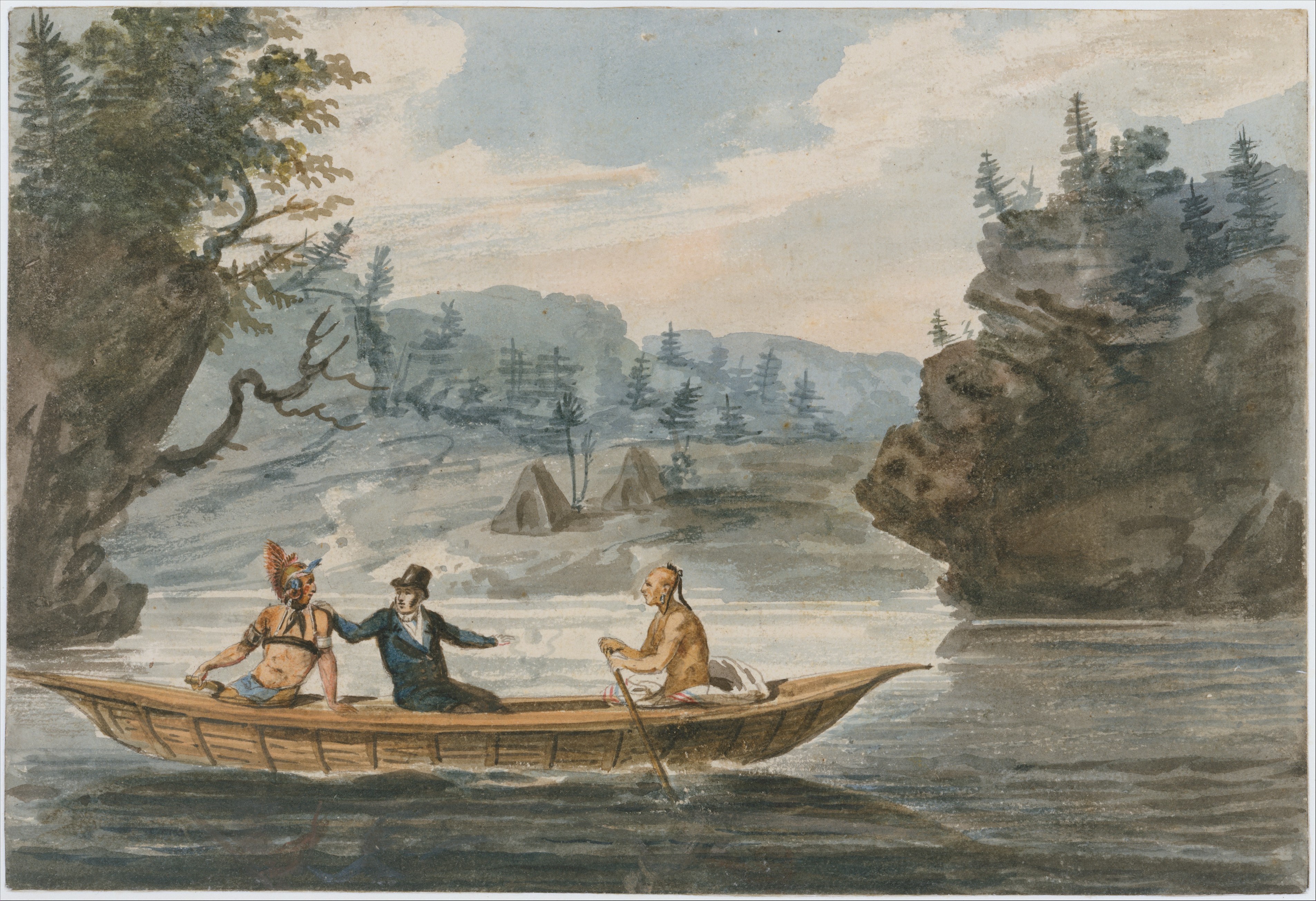 Traveler and Natives in Canoe on River