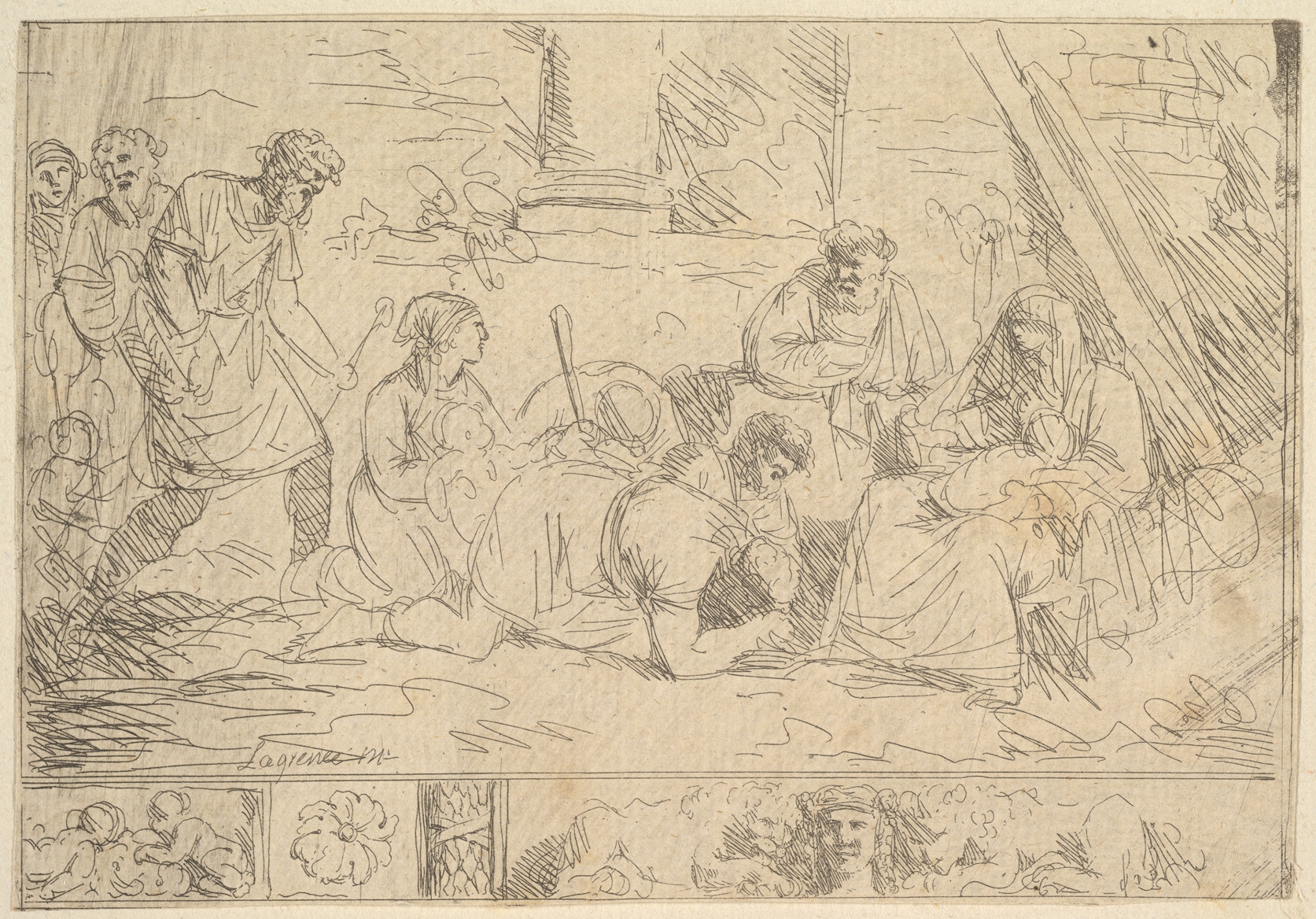 Biblical Adoration Scene Pen Sketch