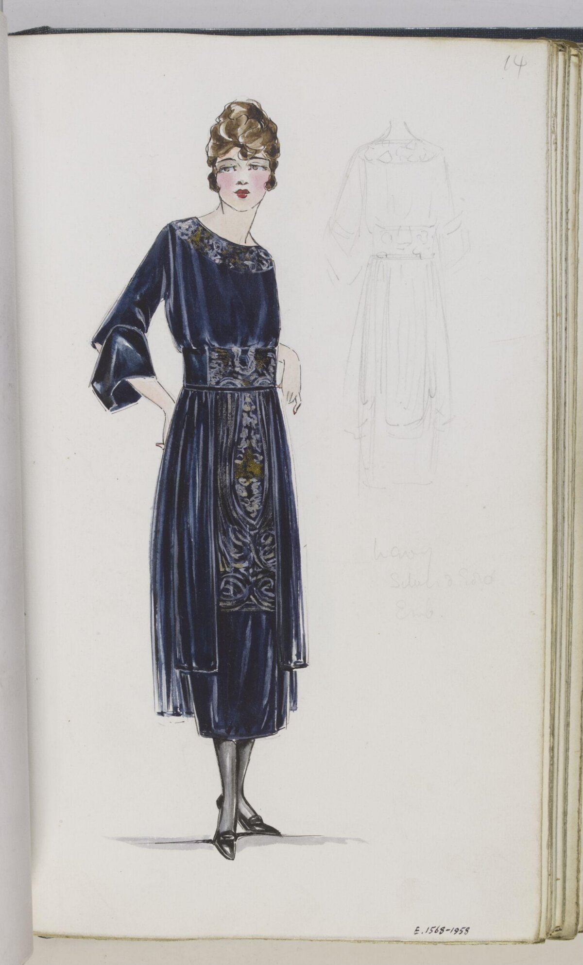 Vintage Dark Blue Dress Fashion Sketch