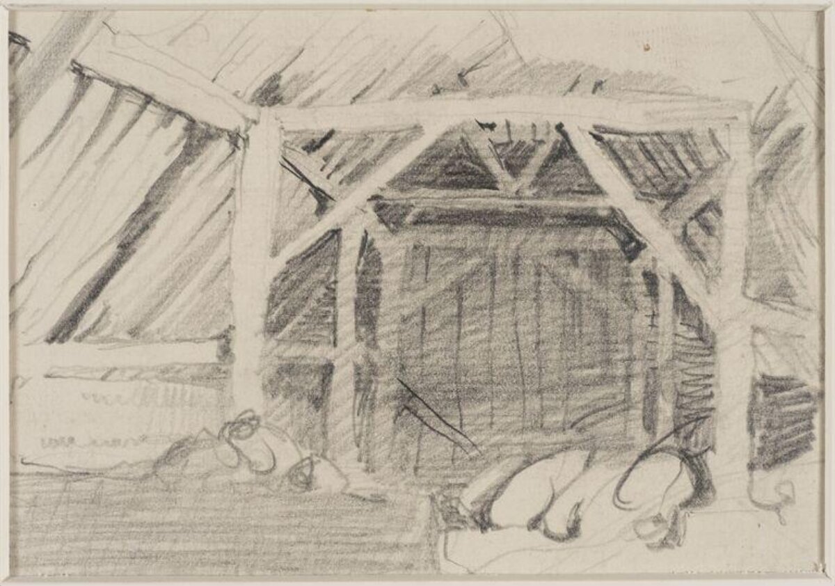 Pencil Sketch of Barn Interior with Pigs
