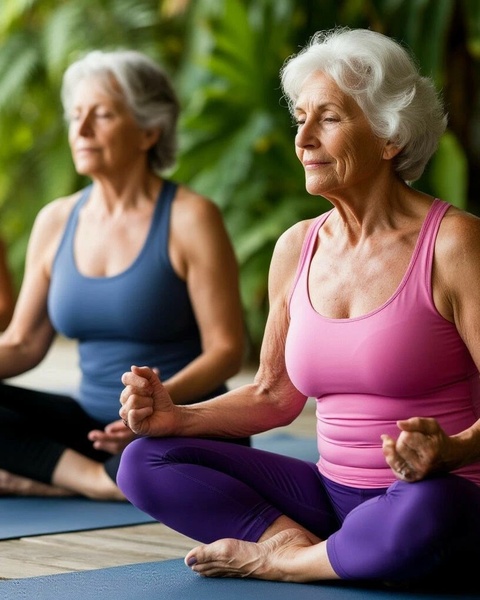 Two Senior Women Doing Meditation Yoga