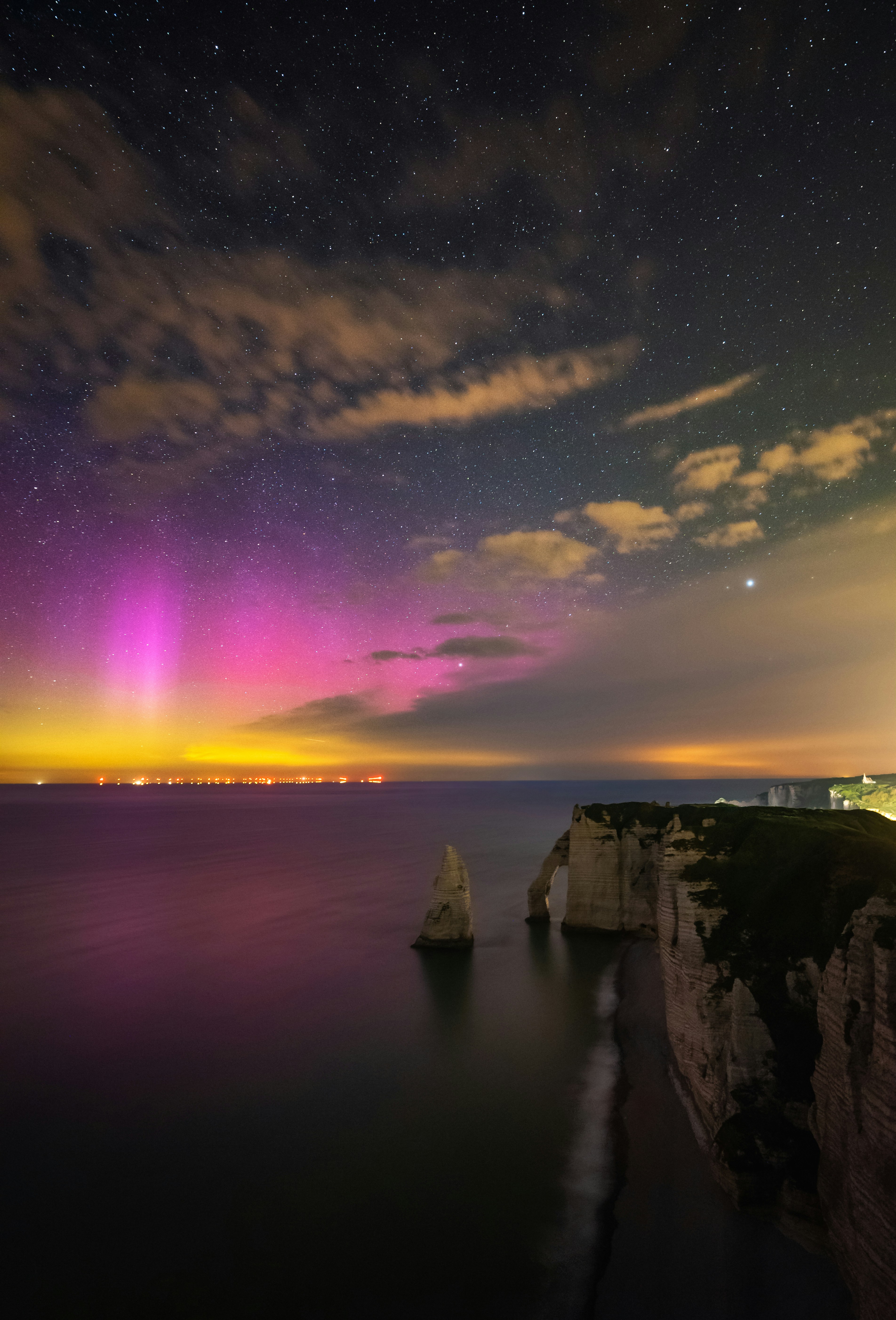 Aurora Over Night Coastal Cliffs