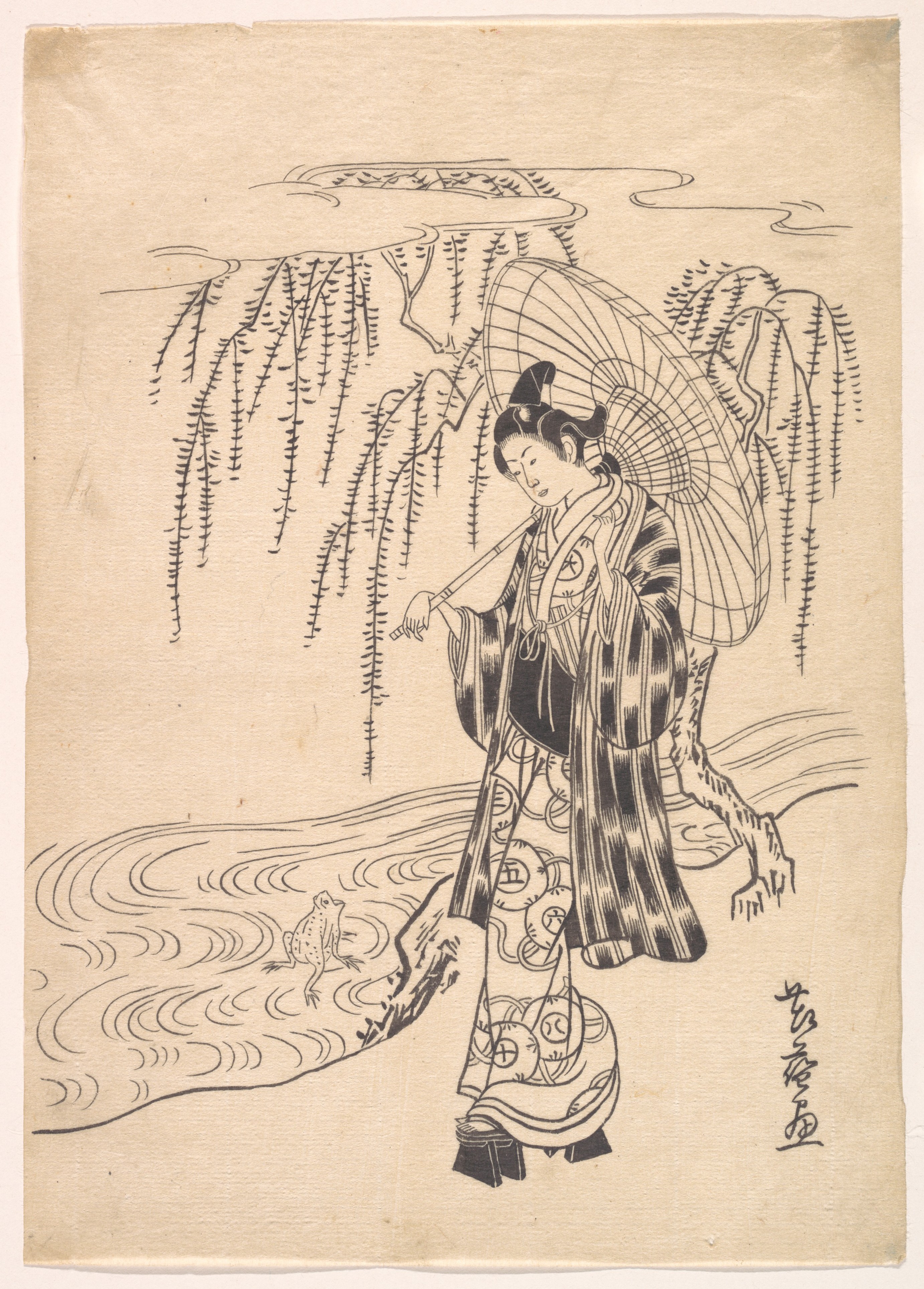 Japanese Ink Sketch of Woman by Stream