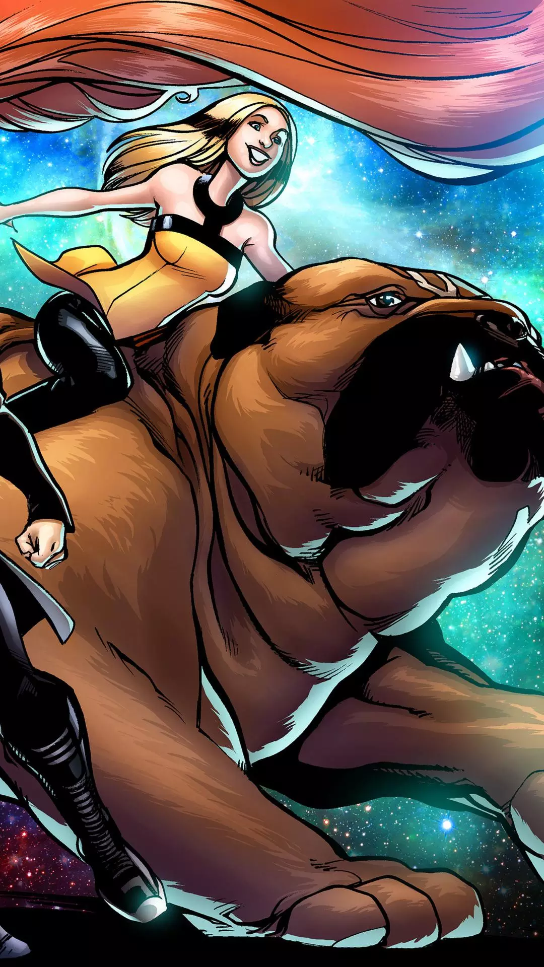 Smiling Woman Riding Giant Feline In Space