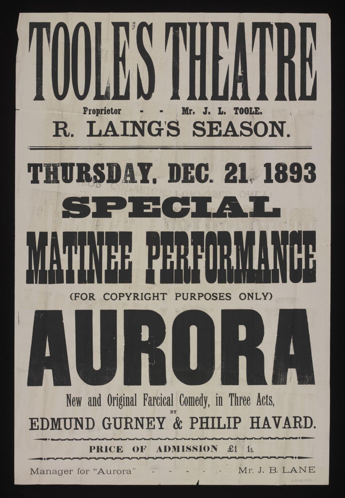 1893 Toole's Theatre Aurora Play Poster